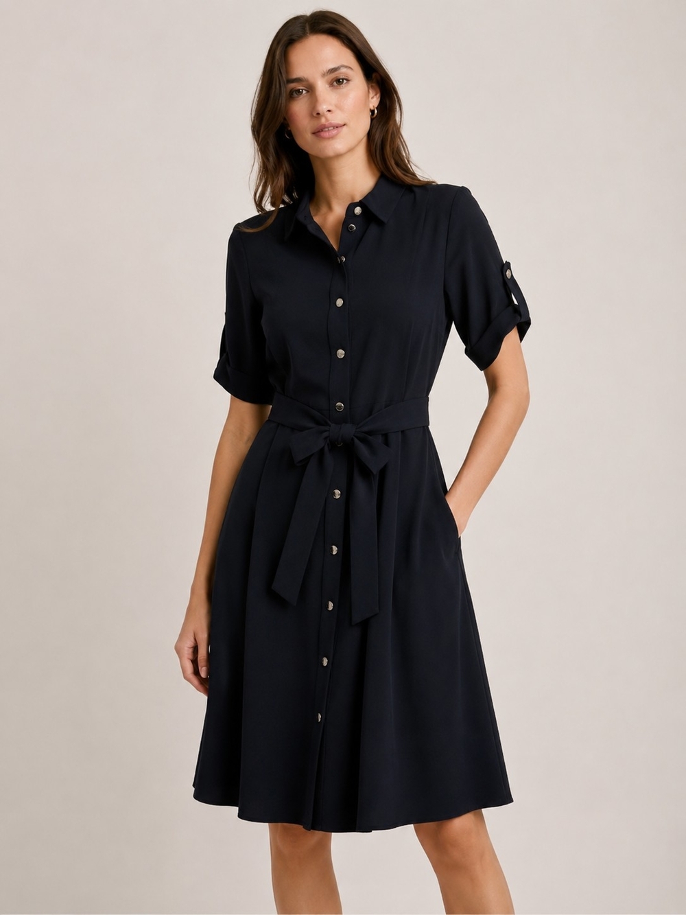 Tommy Hilfiger Navy Button-Front Midi Shirt Dress with Tie Waist